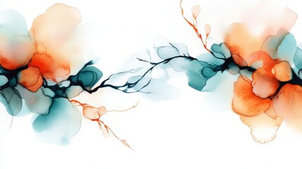 Wall Mural - Abstract floral watercolor design featuring soft blue and orange blooms with delicate branches