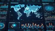 © Vadym - Futuristic digital dashboard features global data charts, graphs, world map with glowing blue lines. Tech interface displays trend patterns, connectivity, network analysis. Concept of cyberspace,
