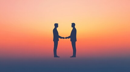 Aufkleber - Silhouettes of two individuals shaking hands at sunset, symbolizing the completion of a successful business deal. Generative AI