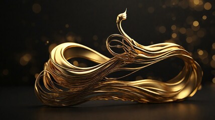 Wall Mural - Minimalist abstract Naga spirit, flowing golden curves, glowing ethereal form, dark background, elegant and mystical design, Thai mythology-inspired, soft golden light reflection, high detail,