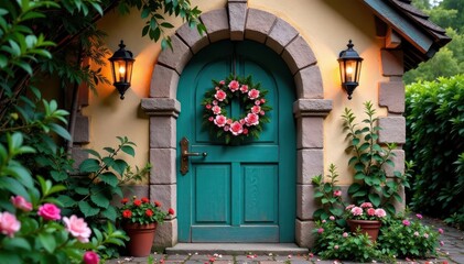  Whimsical door with a floral wreath and lanterns, mystic, door