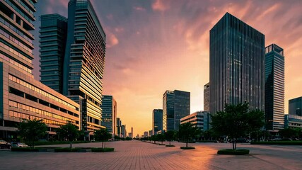 Poster - Warm sunset hues reflecting on sleek glass skyscrapers, capturing contemporary urban landscape with vibrant golden light washing over sophisticated business district architecture