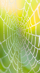  A spider web, glistening with morning dew, presents a captivating and intricate natural scene.