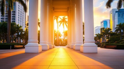 Wall Mural - Majestic sunset illuminating a cityscape with palm trees and columns in a vibrant urban park