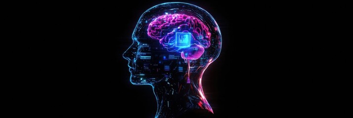 Leinwandbilder - Futuristic side profile of a human head revealing mechanical structures and a glowing robotic eye within. Generative AI