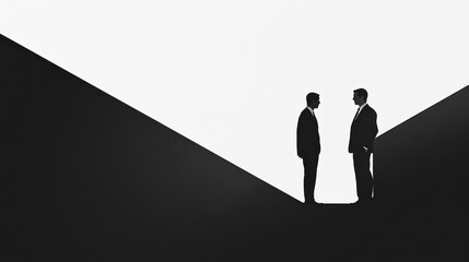 Fototapete - Silhouettes of two business executives engaged in a conversation during a corporate meeting at dawn. Generative AI