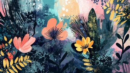 abstract botanical motifs with intricate patterns, artistic and vibrant composition, textured and ra