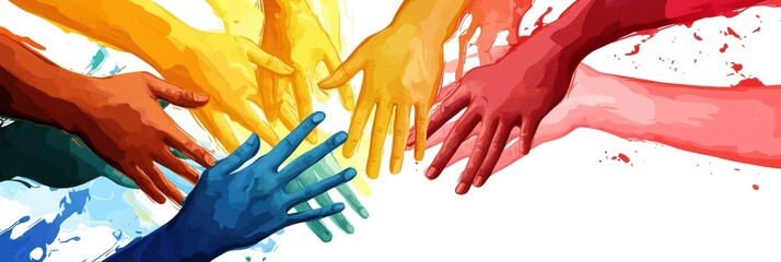 Aufkleber - Symbolic illustration representing unity and support through diverse interconnected hands in vibrant colors. Generative AI