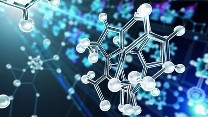 Multiple metallic molecular structures rotating slowly against a dark blue background with other molecules and light rays in a scientific or medical context