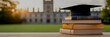 © A2Z AI  - Graduation Cap atop a stack of books against a college campus background symbolizing academic achievement, learning, and the pursuit of knowledge.