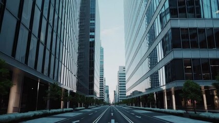 Leinwandbilder - Smooth slow motion view revealing empty urban street lined with modern glass skyscrapers, embodying contemporary corporate architectural landscape