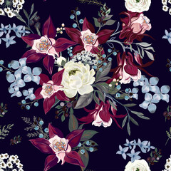 Poster - Blooming  vector flowers seamless pattern