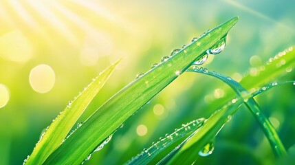 Wall Mural - Fresh green grass blade with water droplets and bright sunlight