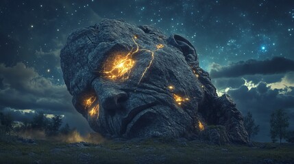 Wall Mural - ancient stone colossus glowing with celestial cracks, awakening under starry sky, blending mythology
