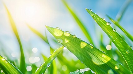 Wall Mural - Green blades of grass with water droplets and sunlight