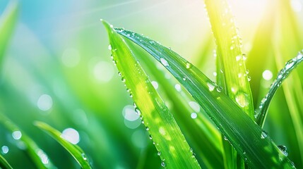 Wall Mural - Dewy Green Grass Blades Illuminated by the Warm Sunlight Above