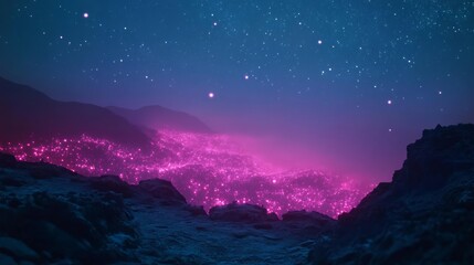 Wall Mural - celestial sky filled with glowing stars and gradient colors from dark navy to neon pink, ethereal an
