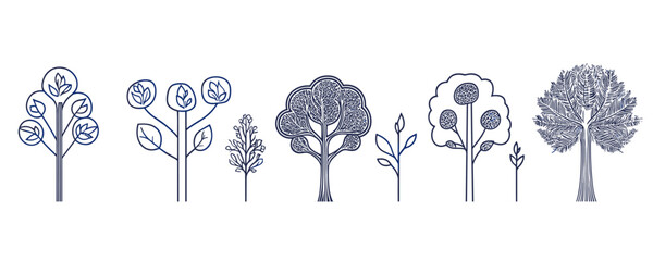 Flat style trees icons set - linear vector collection of abstract tree designs.