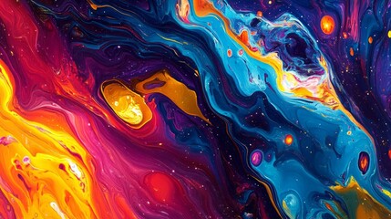 Colorful cosmic nebula with glowing stars, abstract and dynamic, vibrant and bright, swirling and magical, high detail, immersive and ethereal