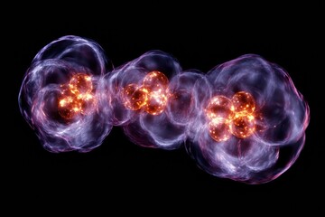 Fototapete - Visualization of gas molecules interacting and glowing atomic structures in motion. Generative AI