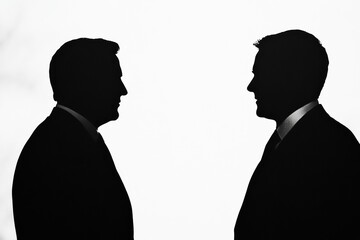 Fototapete - Discussion between two executives in silhouette form during a corporate meeting at a modern office setting. Generative AI