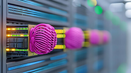 Data center server rack with AI concept