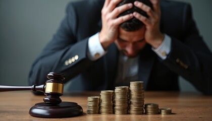 Law gavel rests on stacks of coins. Sad man suffers legal penalties, financial problems, taxes, debt. Legal violations concept. Justice hammer near cash symbolizes punishment.