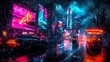 © Дмитрий Сирота - A sprawling cyberpunk cityscape illuminated by neon lights, filled with towering skyscrapers and a complex urban network of streets and elevated transport systems. The rain-soaked streets reflect the