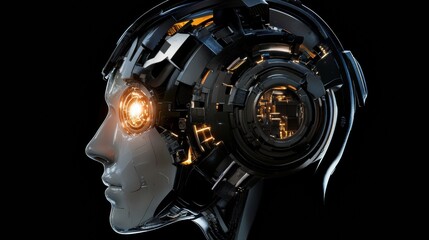 Fototapete - Side profile of a cybernetic head showcasing intricate mechanical structures and a glowing robotic eye. Generative AI