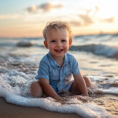 Aufkleber - Child plays in the surf at sunset creating joyful memories by the ocean. Generative AI