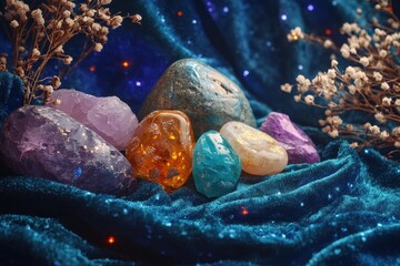 Fototapete - Vibrant display of colorful crystals and rocks arranged on a deep blue fabric with delicate flowers against a shimmering background