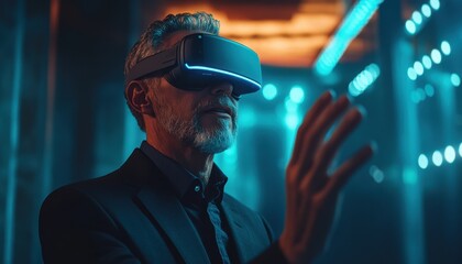 Poster - Virtual reality experience in a modern tech space with immersive visuals and user interaction by a man wearing VR headset