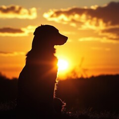 Aufkleber - Golden retriever silhouette watching a stunning sunset on a serene evening in nature. Generative AI
