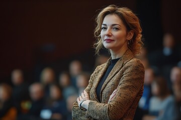 Poster - Confident woman in a brown blazer poses during a conference, engaging with attendees in a professional setting