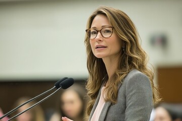 Poster - Confident woman in a brown blazer poses during a conference, engaging with attendees in a professional setting