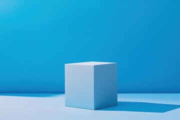 Fototapete - Modern showcase of a minimalist blue cube on a vibrant blue background accentuating geometric shapes and shadows in a simple, clean design setting