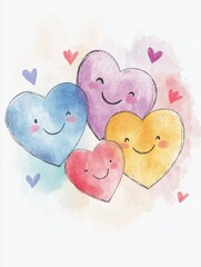 Aufkleber - Playful watercolor hearts with smiling faces in vibrant colors expressing joy and love in a cheerful arrangement. Generative AI