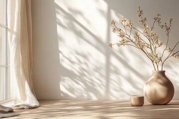 Poster - Elegant and minimalistic arrangement of dried flowers and a cup on a table in soft natural light