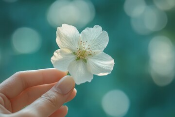 Poster - Delicate white flower held gently in hand, showcasing intricate details against a soft green background in a serene indoor setting
