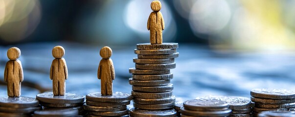 Poster - Businessman figurine standing on stack of coins higher than other figurines