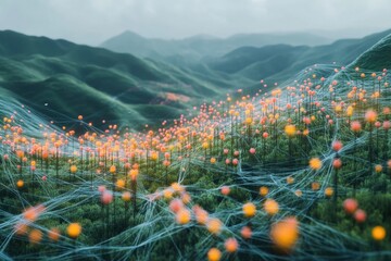 Aufkleber - City skyline illuminated by sunset with a network of lights connecting buildings and mountains in the background