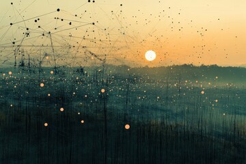 Aufkleber - City skyline illuminated by sunset with a network of lights connecting buildings and mountains in the background