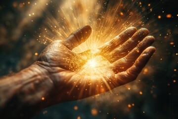 Aufkleber - Hand reaching out to glowing light with sparkling particles in a mystical atmosphere during twilight