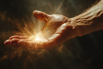 Fototapete - Hand reaching out to glowing light with sparkling particles in a mystical atmosphere during twilight