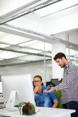 Leinwandbilder - Computer, opinion and people with project, office and asking for feedback, intern and web designer. Collaboration, planning and review of layout on app, digital agency and teamwork for visual design