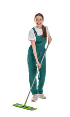 Wall Mural - Smiling cleaning service worker with mop on white background