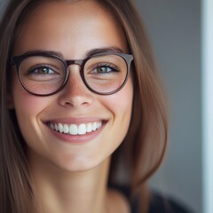 Aufkleber - Smiling woman with glasses in a bright indoor setting enjoying a moment of joy and confidence. Generative AI