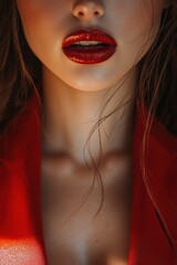 Wall Mural - Captivating close-up of a woman's lips and collarbone showcasing vibrant red lipstick and a striking outfit