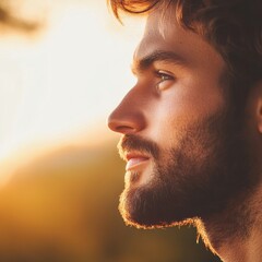 Poster - Man with beard gazing into sunset over a landscape while enjoying the tranquility of nature. Generative AI