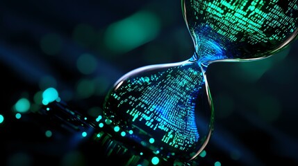Digital hourglass with flowing binary code and glowing blue-green particles against dark background shows concept of time in modern technology era.
